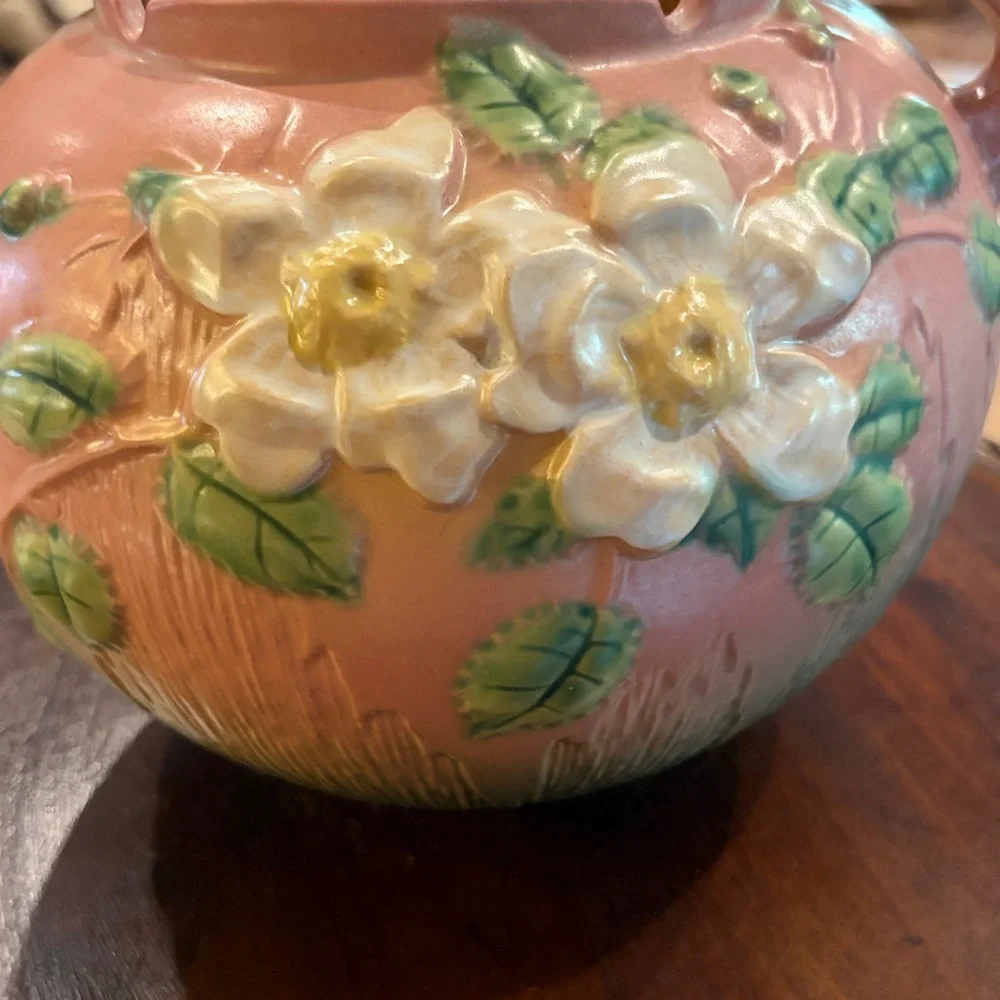 Vintage Roseville 🌹 White Roses Planter Bowl in Pink, size # 388-7, c.1949❤️